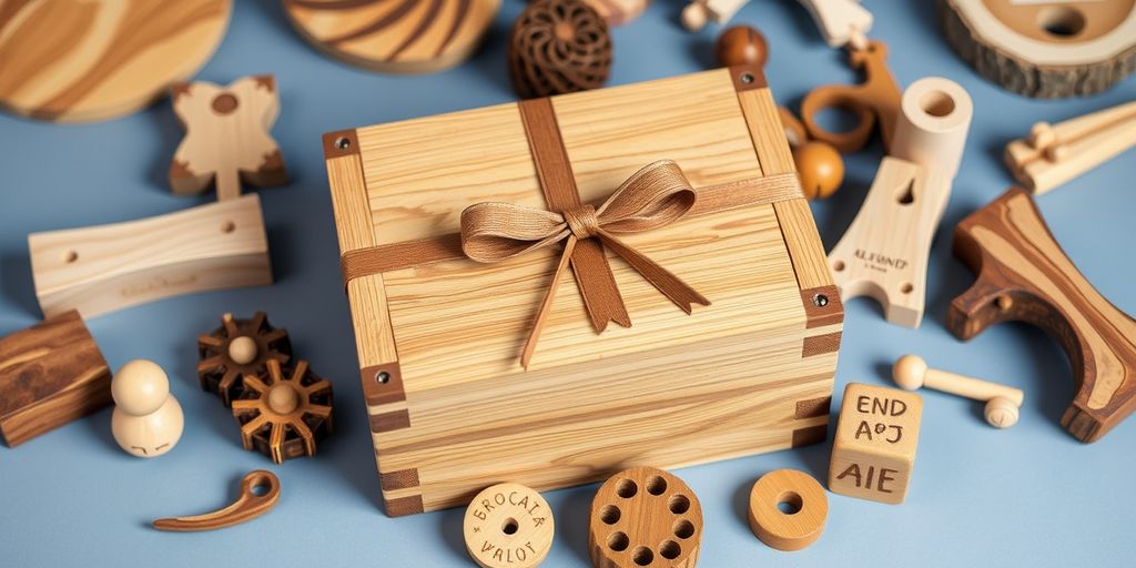 Handmade wooden gifts arranged artistically on a table.