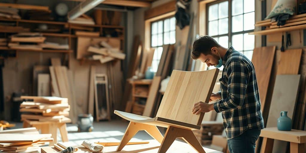 Woodworker crafting eco-friendly wooden chair in workshop