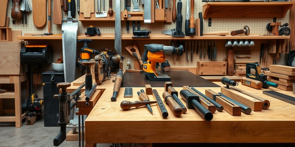 Woodworking tools neatly arranged in a workshop