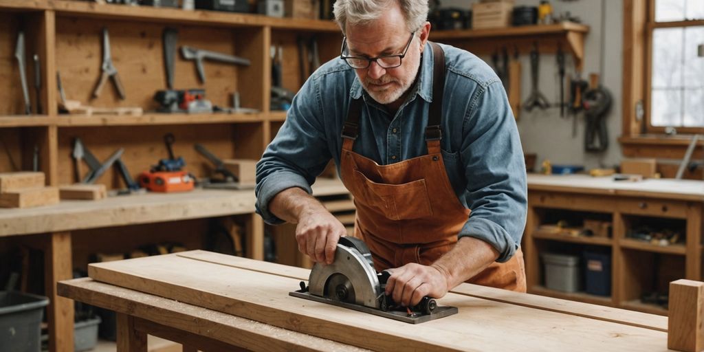 Beginner woodworker using handsaw on workbench