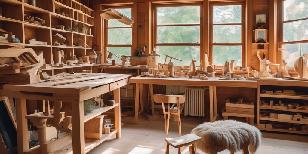 Woodworking studio with various wooden projects.