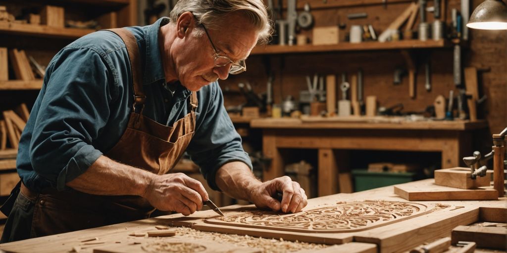 Woodworker carving intricate patterns in a workshop