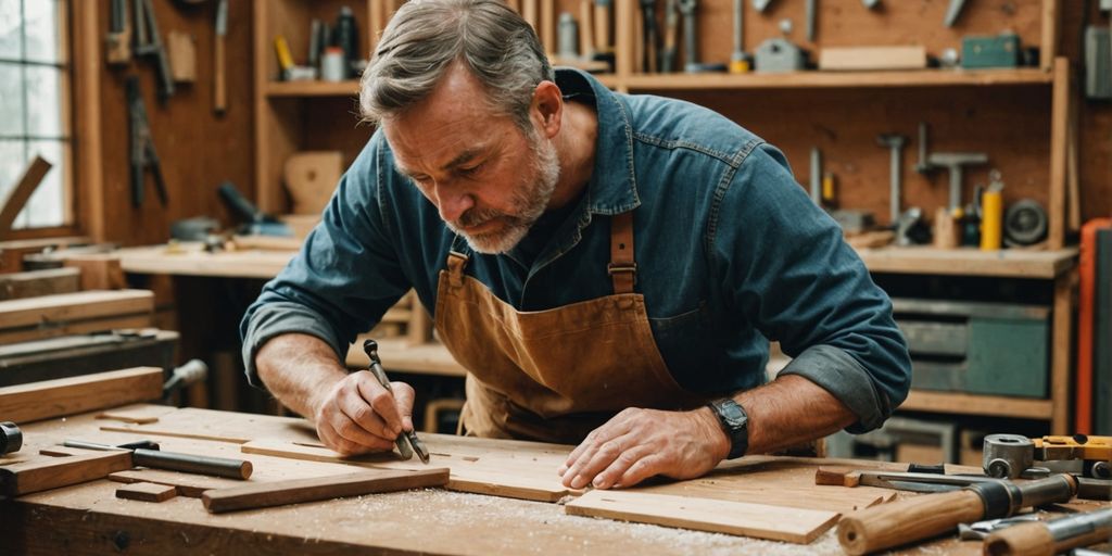 Woodworker crafting in a workshop with tools and wood