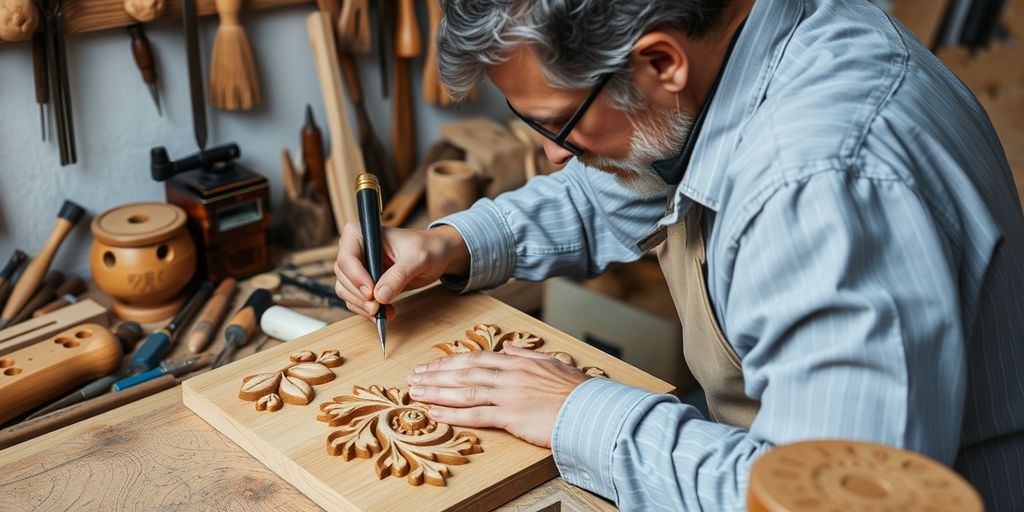 Woodworker carving intricate patterns into wood