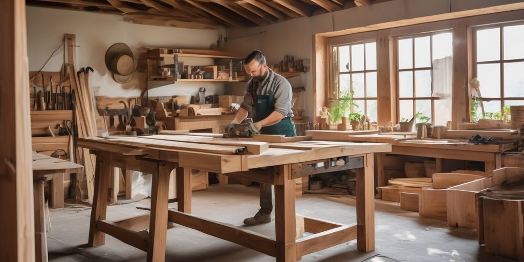 Craftsman working with eco-friendly wood materials in workshop