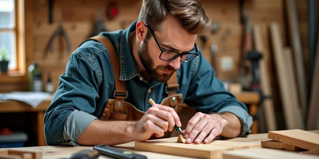 Beginner woodworker focused on a project