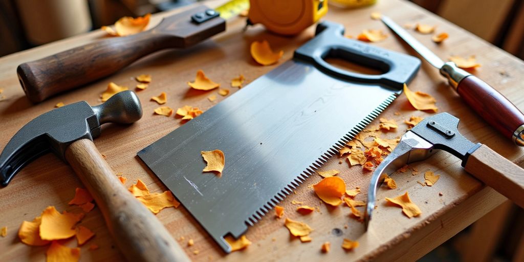 Woodworking tools on a wooden workbench with shavings.