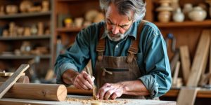 Woodworker carving wood in a workshop