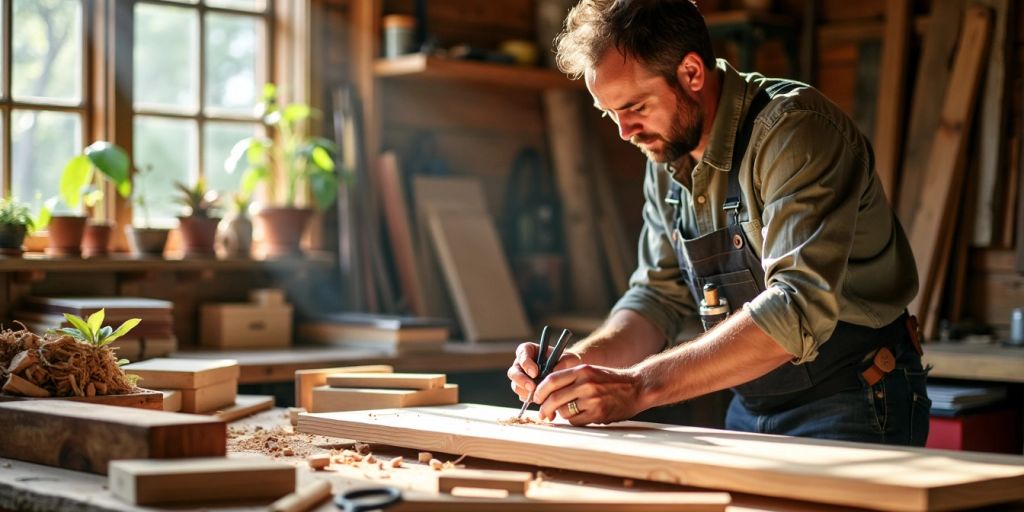 Woodworker crafting with eco-friendly materials in workshop.