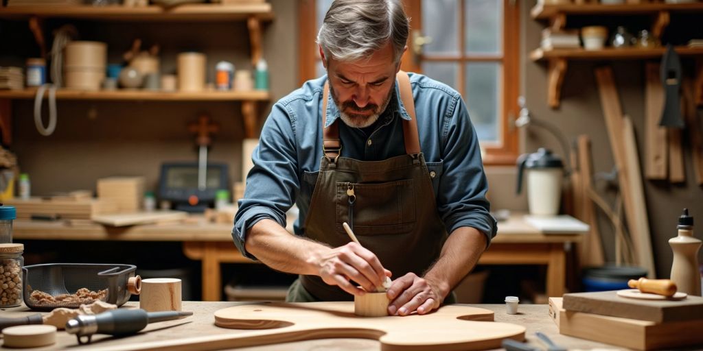 Craftsman working on wooden project in workshop.