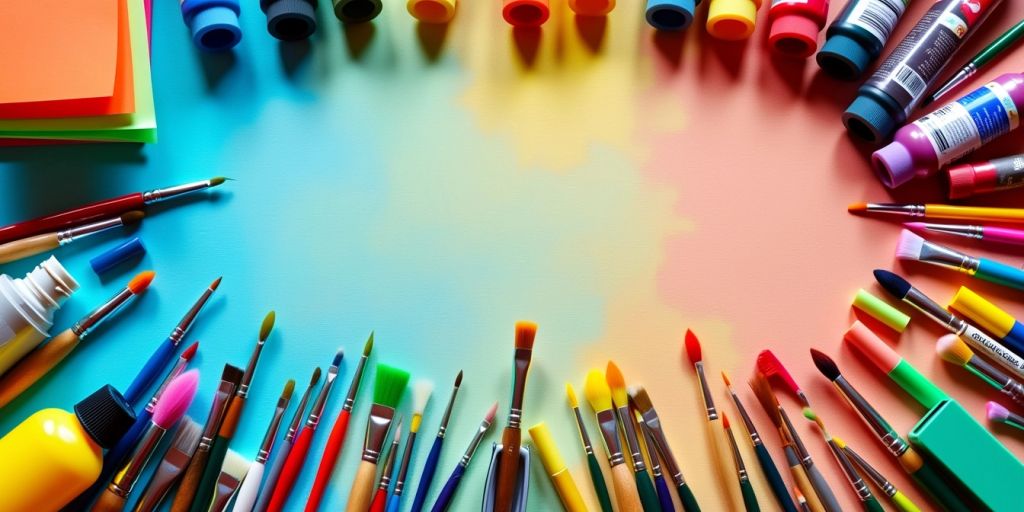 Colorful craft supplies on a wooden table.