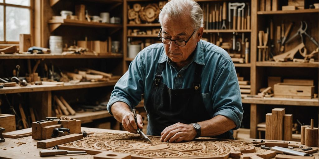 Craftsman carving intricate wooden sculpture in workshop.