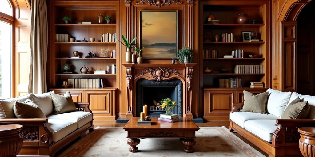 Cozy living room with intricate wooden furniture