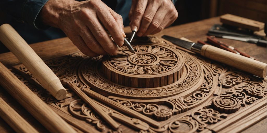 Intricate wooden sculpture with woodworking tools