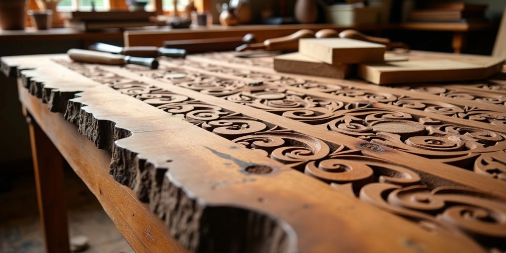 Intricate wooden table with tools for woodworking.