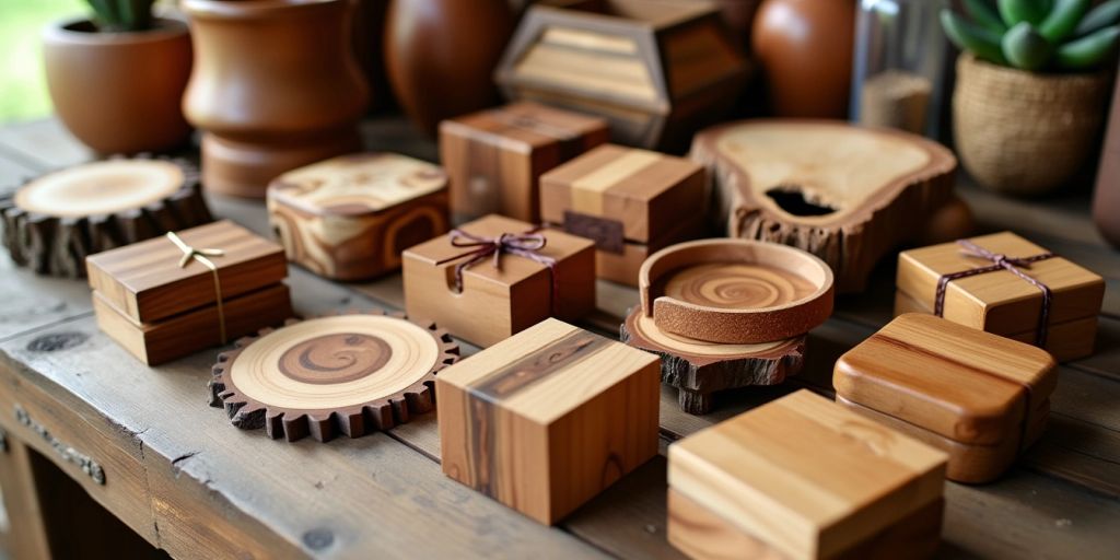 Handcrafted wooden gifts on a rustic wooden surface.