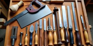 Variety of woodworking tools on a wooden workbench.