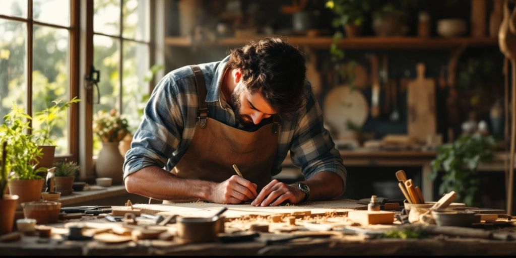 Craftsman working with wood in a sunlit workshop.