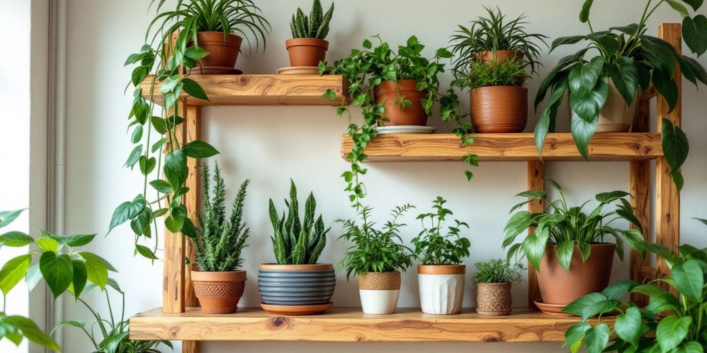 Wooden shelf with plants in a cozy home setting.