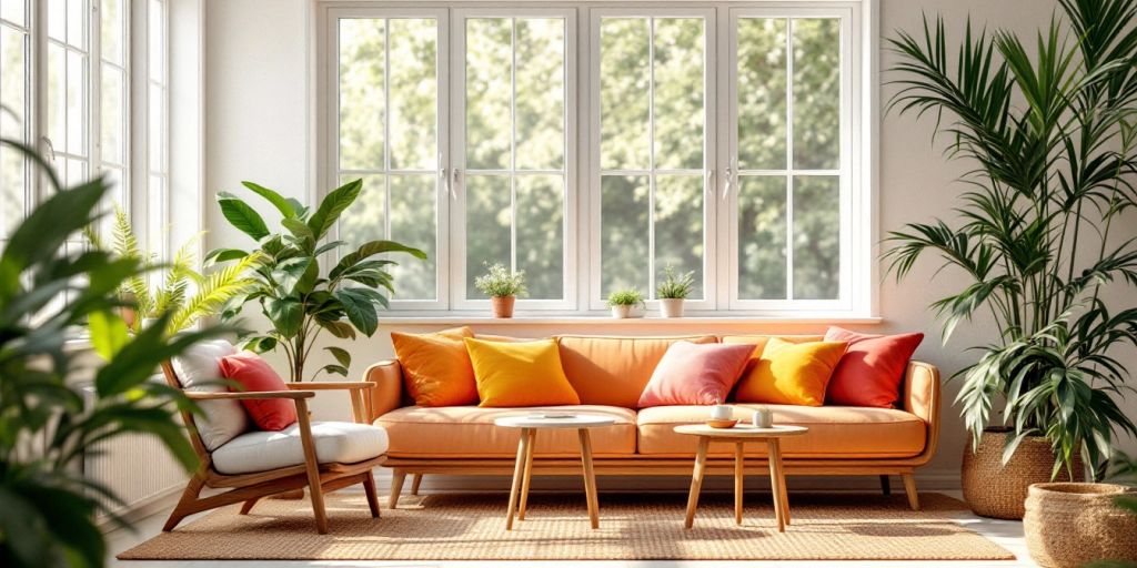 Stylish furniture arrangement in front of a large window.