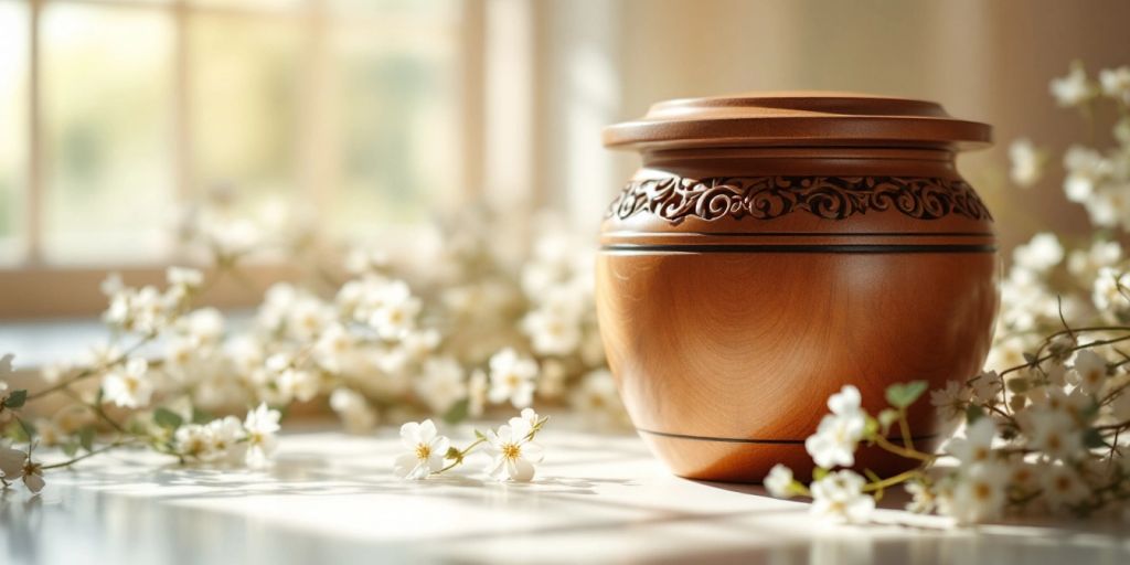 Artistic wooden urn with intricate carvings and floral accents.