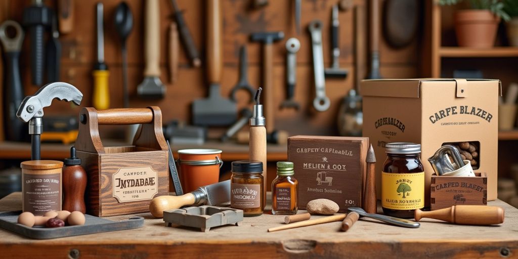 Collection of unique carpenter gifts on a workbench.