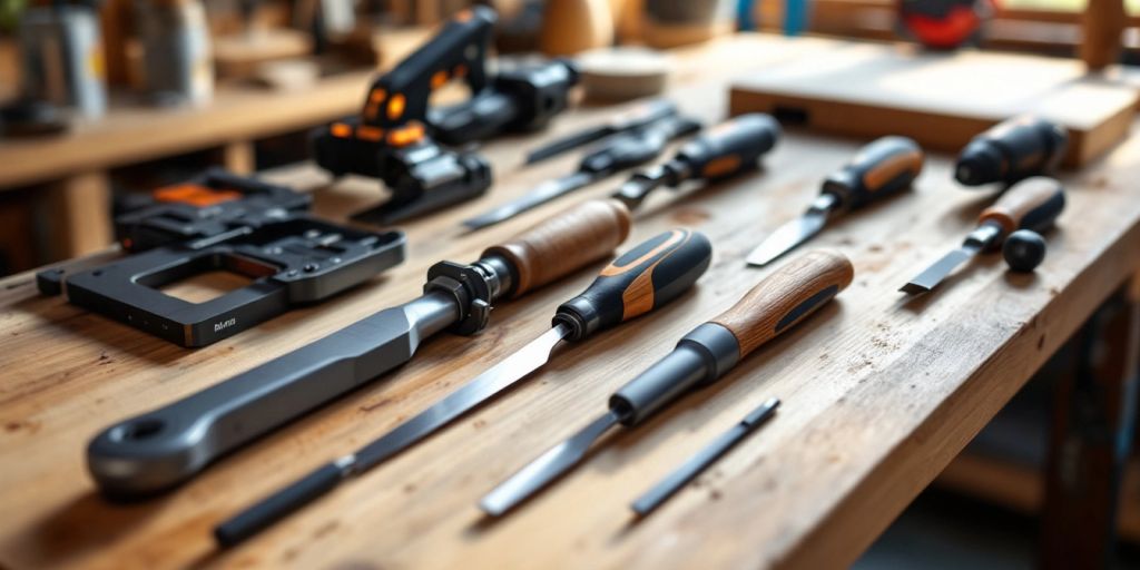 Modern woodworking tools on a wooden workbench.