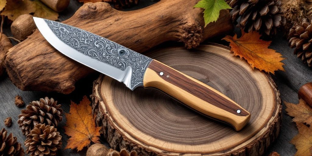 Wooden hunting knife with rustic natural elements.