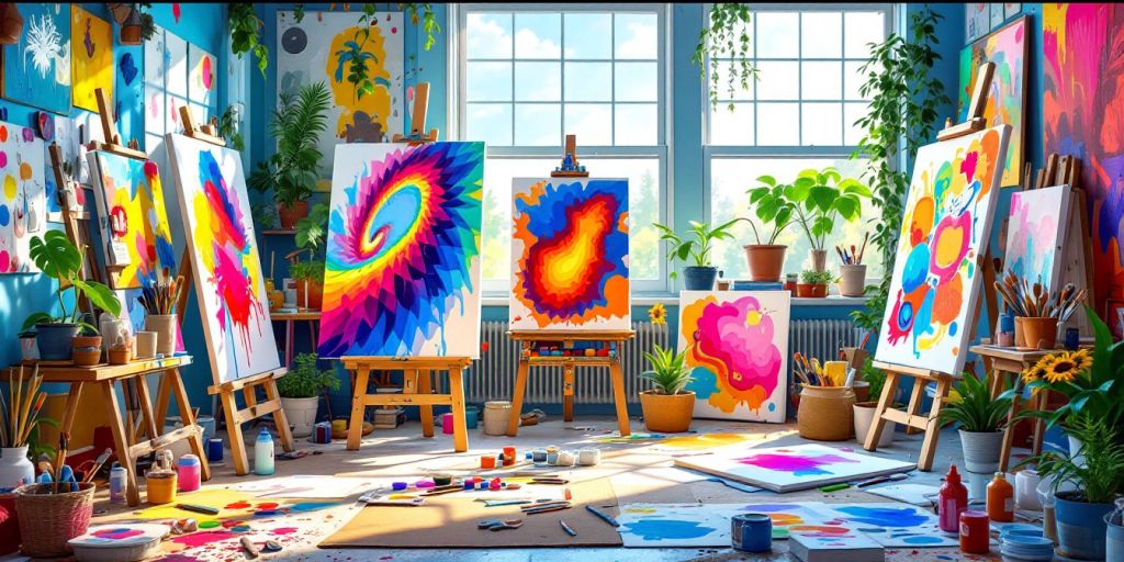 Colorful artist's studio with paints and canvases.