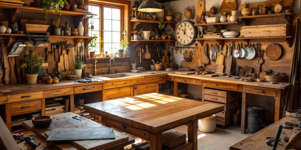 Woodworking projects in a cozy workshop with tools.