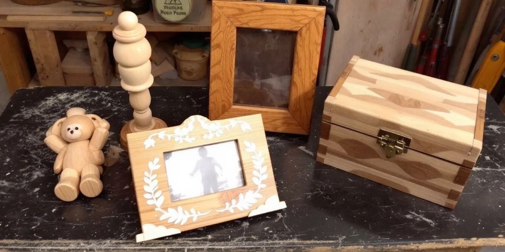 Wooden gifts on a workbench, showcasing craftsmanship.