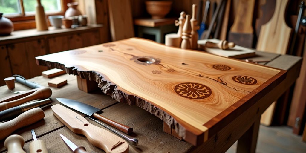 Woodworking tools and a crafted wooden table in a workshop.