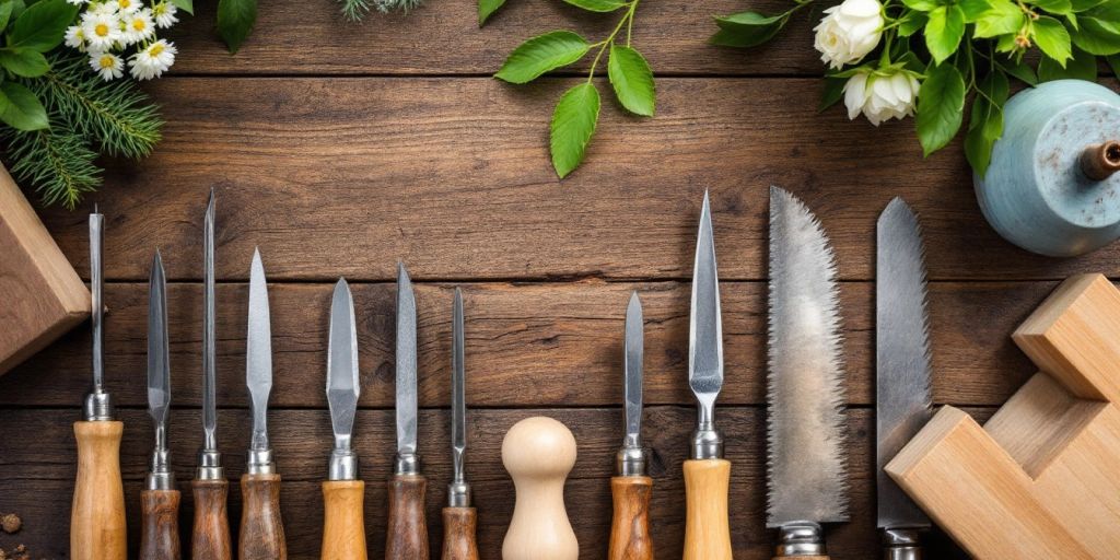 Collection of woodworking tools on a rustic wooden surface.