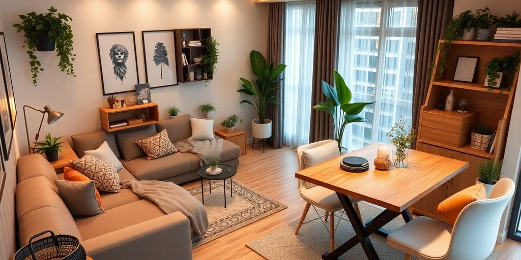 Cozy living room with multifunctional furniture and plants.