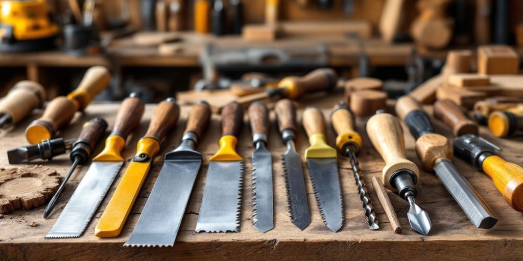 An array of woodworking tools on a workbench.