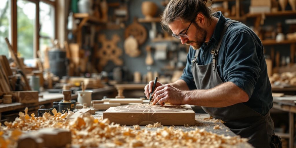 Artisan working with modern woodworking tools in workshop.