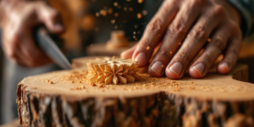 Woodworker shaping wood with hand tools and sawdust.