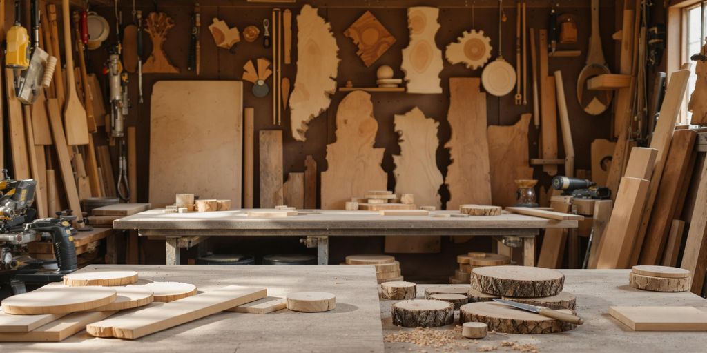 Woodworking tools and materials in a rustic workshop setting.