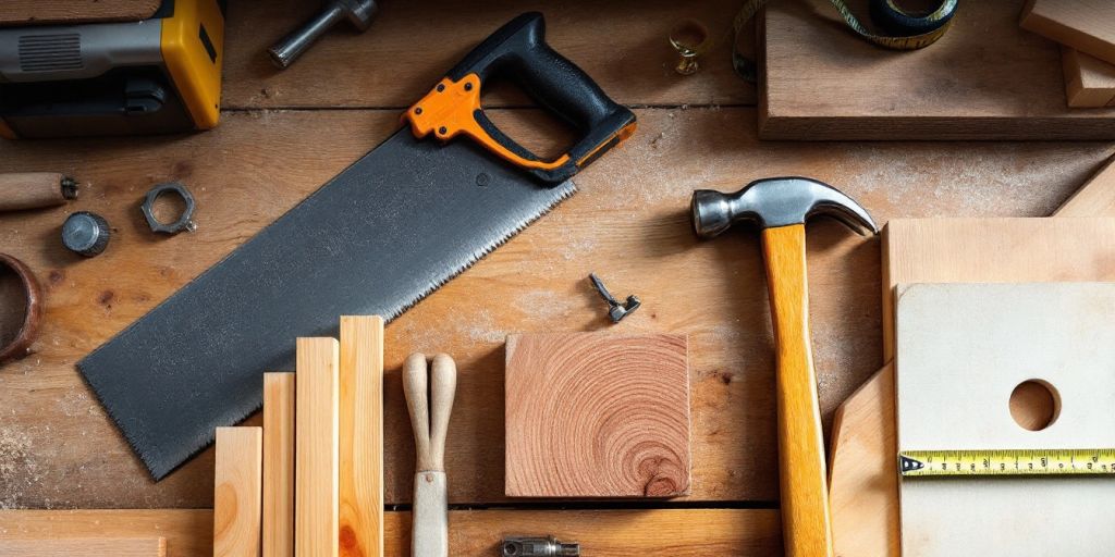 Essential woodworking tools laid out on a workbench.