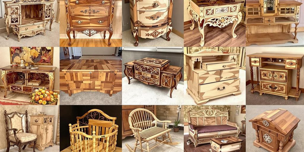 Various intricate woodworking projects with rich wooden textures.