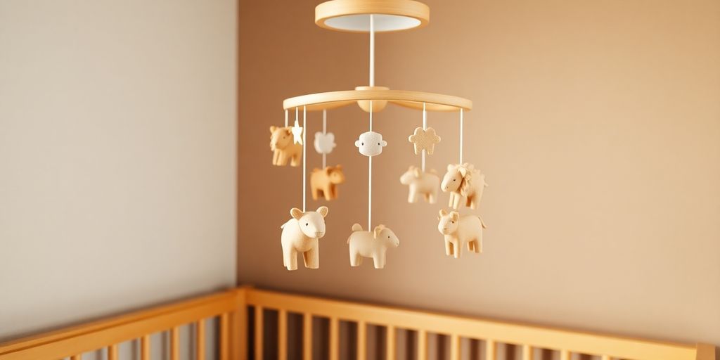 Wooden baby mobile with animal shapes in pastel colors.