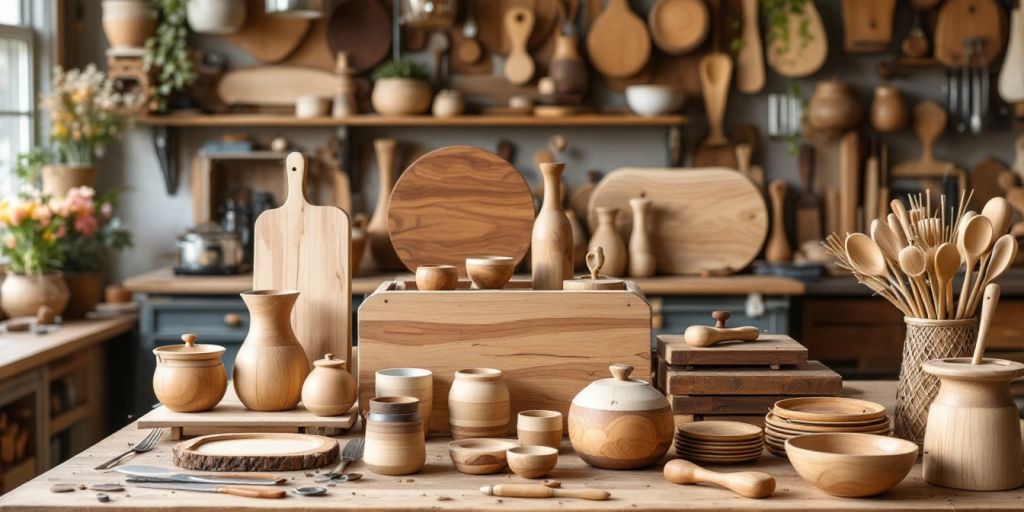 Handcrafted wooden items in a bright workshop setting.