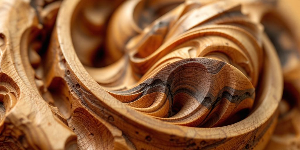 Artistic wood turning piece with intricate designs and textures.