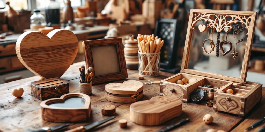 Wooden gifts like boxes and frames in a workshop.