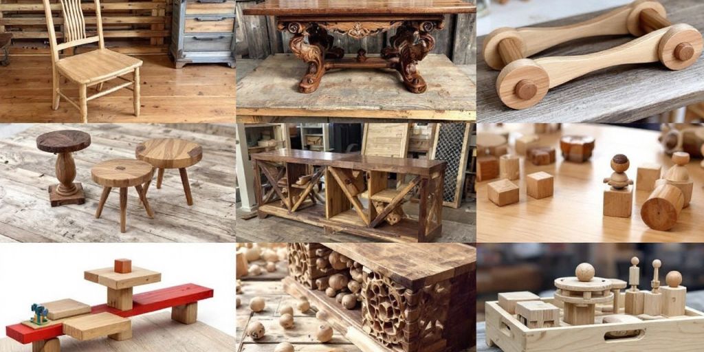 Collage of beautiful woodworking projects on wooden surface.