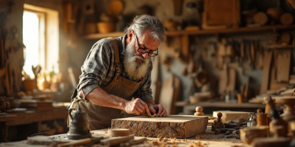 Artisan working on wooden furniture in a rustic workshop.