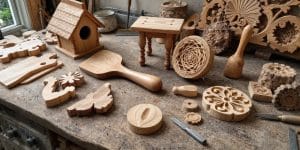 Various wooden projects and tools on a workbench.