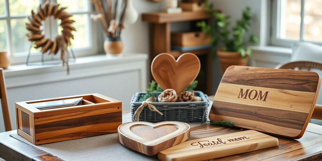 Handcrafted wooden gifts for moms on a rustic table.