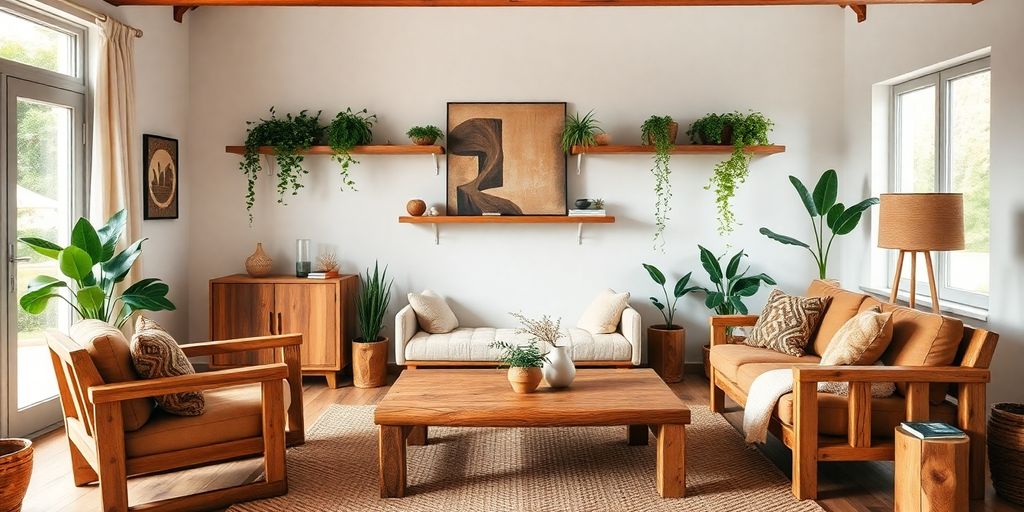 Eco-friendly wooden furniture in a cozy living space.