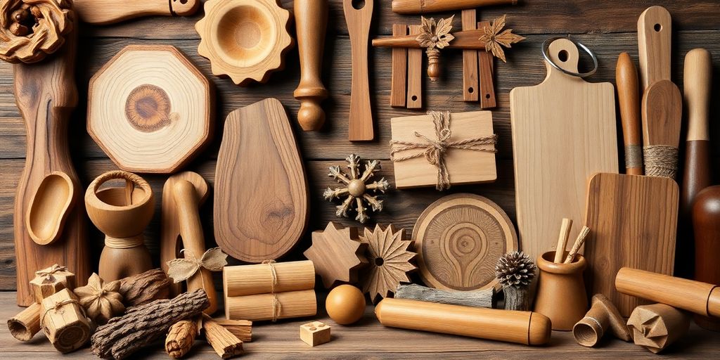 Various handcrafted wooden gifts arranged on a rustic background.